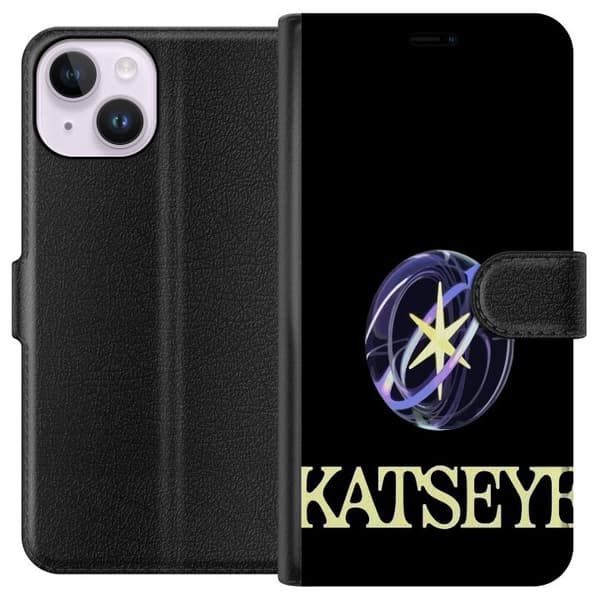 Kompatibel Tegnebogsetui til Apple iPhone 14 KATSEYE-logo med gul stjerne, lilla omløbsringe og lys typografi mod sort baggrund sort