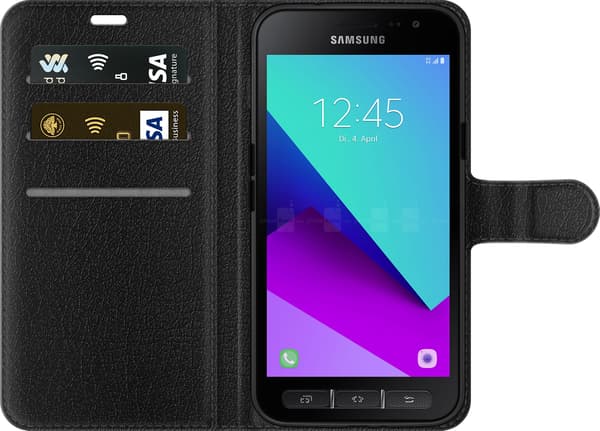 Kompatibel Tegnebogsetui til Samsung Galaxy Xcover 4 Audi – Sølvfarvede ringe – Fire sølvfarvede ringe over grå og sorte diagonale linjer på grå bagg grå