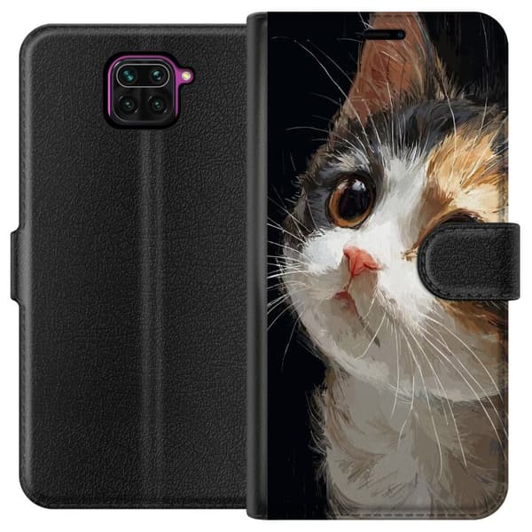Kompatibel Tegnebogsetui til Xiaomi Redmi Note 9 Kunstnerisk portræt af trefarvet kat med store brune øjne mod sort baggrund sort
