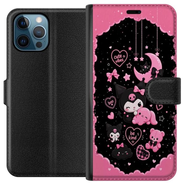 Kompatibel Tegnebogsetui til Apple iPhone 12 Pro Søde lyserøde og sorte gothfigurer med hjerter, måne, stjerner og positiv tekst sort