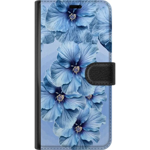Kompatibel Tegnebogsetui til Apple iPhone 17 Store lyseblå blomster med mørkeblå centre mod blå baggrund blå
