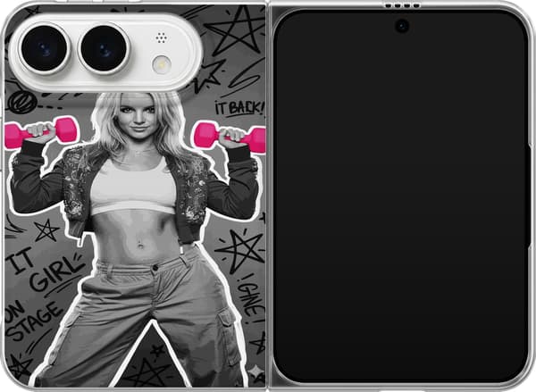 Kompatibel Mobilcover til Apple iPhone Duo Blond popartist i sort-hvid med lyserøde håndvægte og graffiti mod grå baggrund grå
