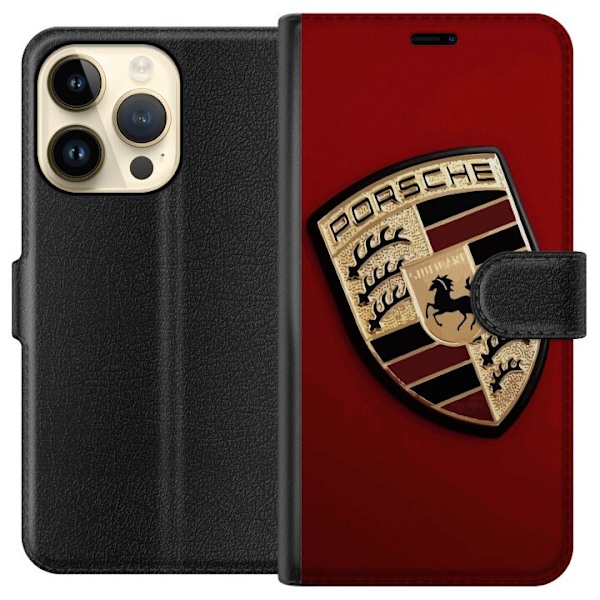 Apple iPhone 15 Pro Tegnebogsetui Mobil etui med stilfuld Porce-logo i sort og hvid