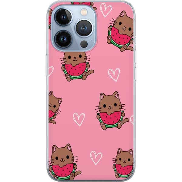 Kompatibelt Mobildeksel til Apple iPhone 13 Pro Katt med vannmelon på rosa bakgrunn