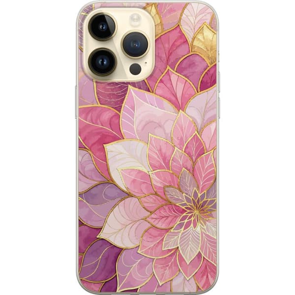 Kompatibelt Mobildeksel til Apple iPhone 15 Pro Max Rosa botanisk bladmønster med elegante gulldetaljer og dekorative former rosa