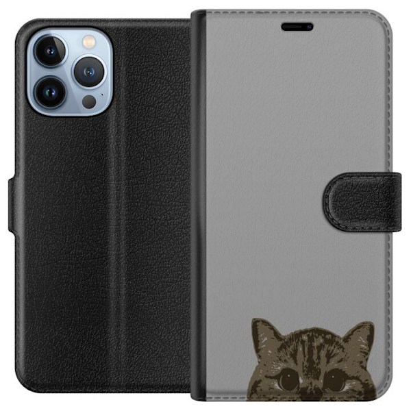 Apple iPhone 13 Pro Max Plånboksfodral Grå Kattblick – stilren kattdesign med grå bakgrund