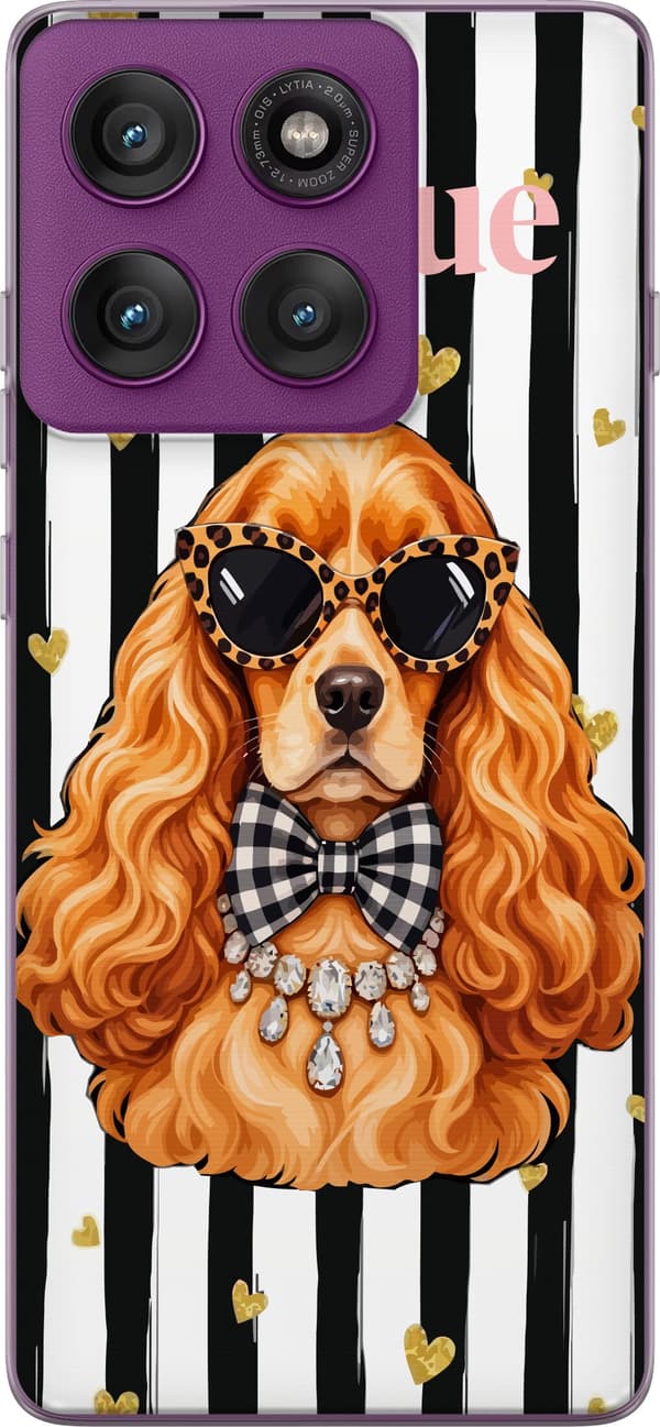 Kompatibel Mobilcover til Motorola Edge 60 Pro Brun spaniel med sorte solbriller og ternet sløjfe mod sorte og hvide striber brun