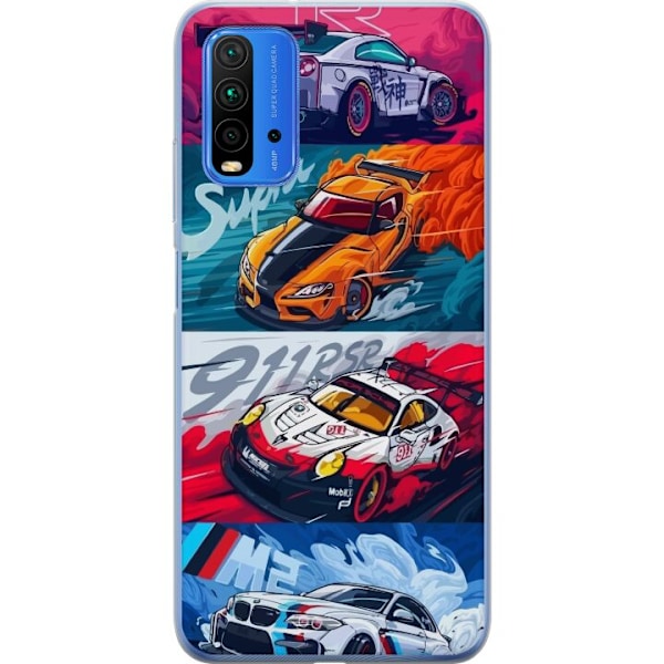 Xiaomi Redmi 9T Läpinäkyvä kuori Nopeat Autot - Piirretty Kuvio Toiminnalla