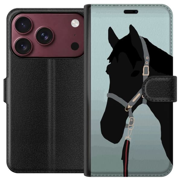 Kompatibel Tegnebogsetui til Apple iPhone 18 Pro Minimalistisk sort hest i profil med grime mod lyseblå baggrund blå