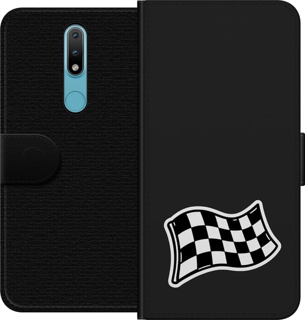 Kompatibel Tegnebogsetui til Nokia 2.4 Ternet flag - Sort motiv med sort-hvidt ternet flag. sort