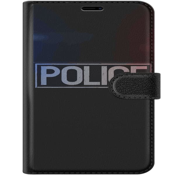 Kompatibel Tegnebogsetui til Apple iPhone Duo Sølvgrå Police-tekst i en rektangulær ramme med rødblåt lys på sort baggrund sort