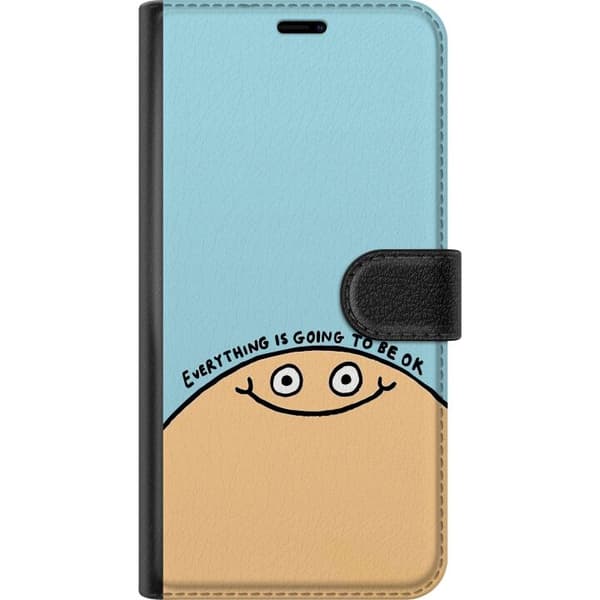 Kompatibel Tegnebogsetui til Apple iPhone 12 Pro Max Minimalistisk motiv med en smilende figur og teksten Everything Is Going To Be OK blå