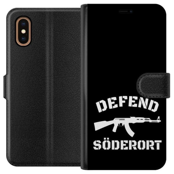 Kompatibel Tegnebogsetui til Apple iPhone XS Max Sort Söderort - hvidt områdeslogan og hvid våbensilhuet på sort baggrund sort