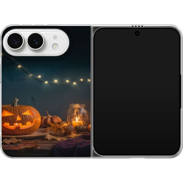 Kompatibelt Mobildeksel til Apple iPhone Duo Lysende halloween-gresskar omgitt av levende lys og høstløv oransje