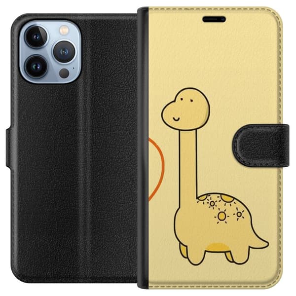 Kompatibel Tegnebogsetui til Apple iPhone 13 Pro Max Minimalistisk tegnet langhalset dinosaur mod lysegul baggrund gul