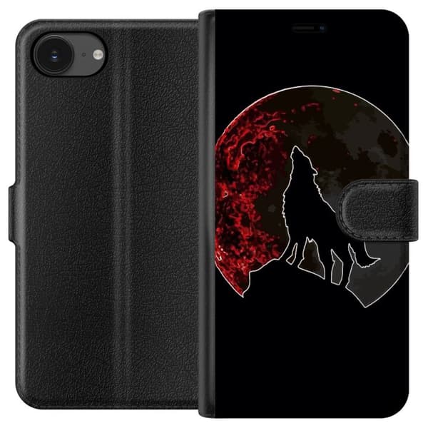 Kompatibel Tegnebogsetui til Apple iPhone 16e Sort silhuet af en hylende ulv foran en dramatisk rød måne mod sort baggrund sort