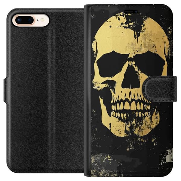 Kompatibel Tegnebogsetui til Apple iPhone 8 Plus Stor gul dødningehoved i slidt grungestil mod sort baggrund sort