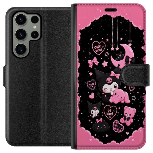 Kompatibel Tegnebogsetui til Samsung Galaxy S23 Ultra Søde lyserøde og sorte gothfigurer med hjerter, måne, stjerner og positiv tekst sort