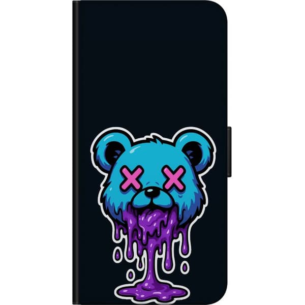 Kompatibel Tegnebogsetui til OnePlus 8 Blå illustreret bjørn med lyserøde krydsøjne og lilla dryppende detaljer mod sort baggrund sort
