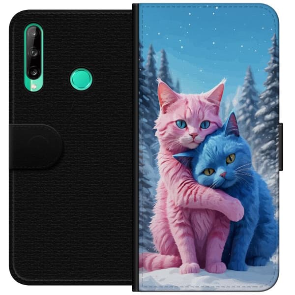 Kompatibel Tegnebogsetui til Huawei P40 lite E Søde lyserøde og blå katte, der krammer i sneklædt vinterlandskab blå