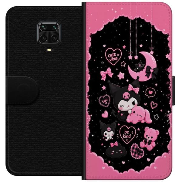 Kompatibel Tegnebogsetui til Xiaomi Redmi Note 9S Søde lyserøde og sorte gothfigurer med hjerter, måne, stjerner og positiv tekst sort