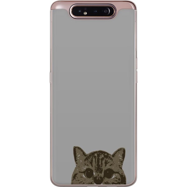 Samsung Galaxy A80 Genomskinligt Skal Grå Kattblick – stilren kattdesign med grå bakgrund