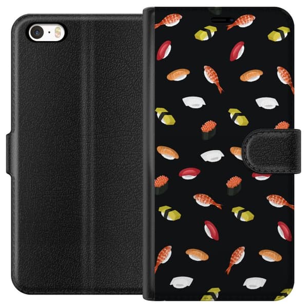 Kompatibel Tegnebogsetui til Apple iPhone 5s Mønster med sushi, nigiri, rejer og rogn mod sort baggrund sort