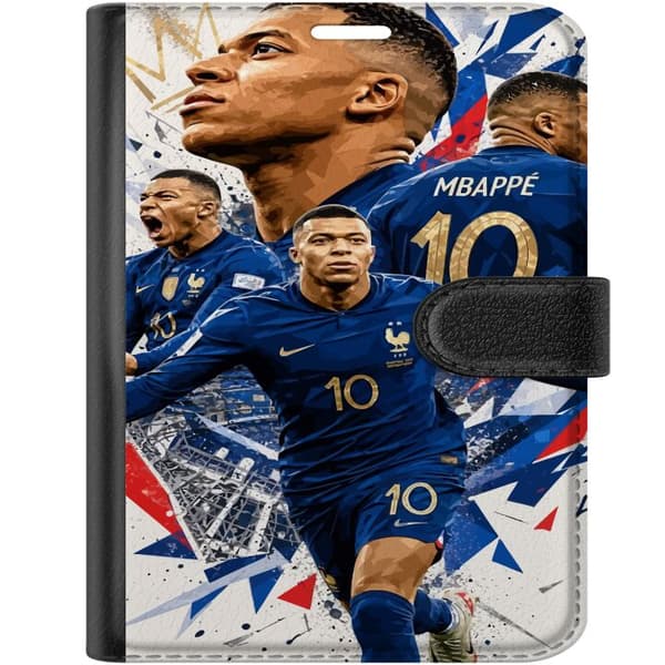 Kompatibel Tegnebogsetui til Apple iPhone Duo Kylian Mbappé i dynamisk fodboldcollage med blå, hvide og røde detaljer blå