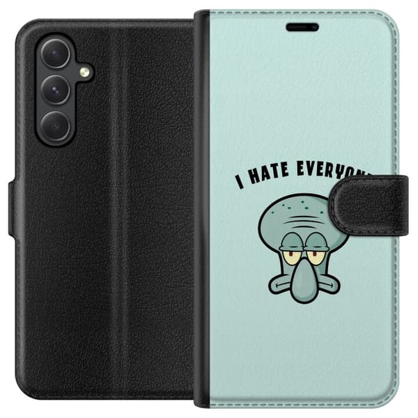 Kompatibel Tegnebogsetui til Samsung Galaxy A35 Tegnet utilfreds blækspruttefigur med teksten I Hate Everyone på lyse turkis baggrund blå