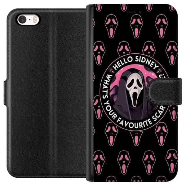 Kompatibel Tegnebogsetui til Apple iPhone 5s Sort og rosa skrækmotiv med maskerede figurer og teksten Hello Sidney sort