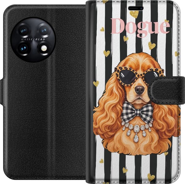 Kompatibel Tegnebogsetui til OnePlus 11R Brun spaniel med sorte solbriller og ternet sløjfe mod sorte og hvide striber brun