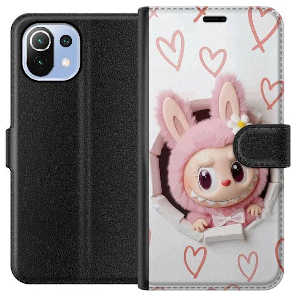 Xiaomi Mi 11 Lite Plånboksfodral Labubu Hjärtbakgrund Pop Mart Kärlek Tema Figur Design Populärt Motiv Samlarfigur Art Toy Serie