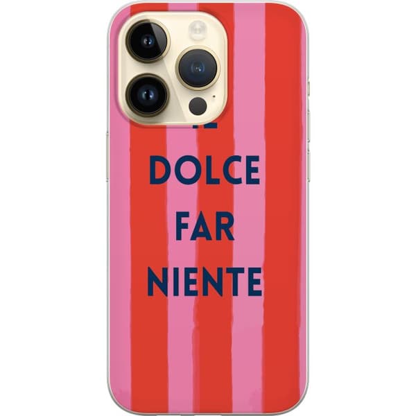 Kompatibelt Mobildeksel til Apple iPhone 15 Pro Teksten Il Dolce Far Niente i mørkeblått mot håndmalte rosa og røde striper rosa