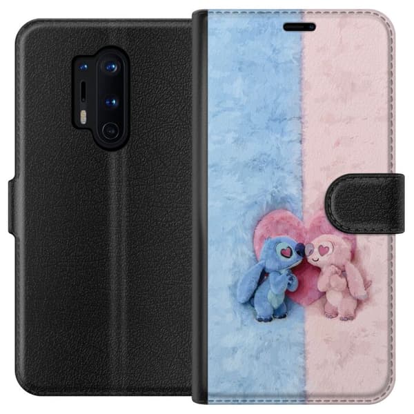 Kompatibel Tegnebogsetui til OnePlus 8 Pro Søde blå og lyserøde figurer foran et stort lyserødt hjerte pink