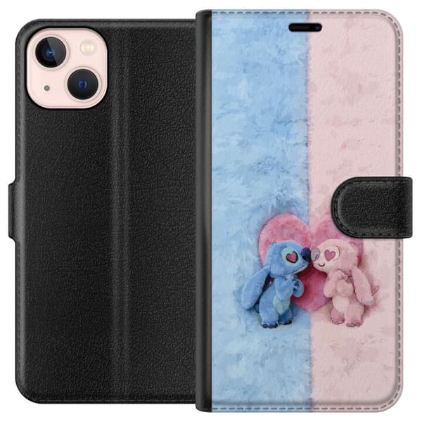 Kompatibel Tegnebogsetui til Apple iPhone 13 mini Søde blå og lyserøde figurer foran et stort lyserødt hjerte pink
