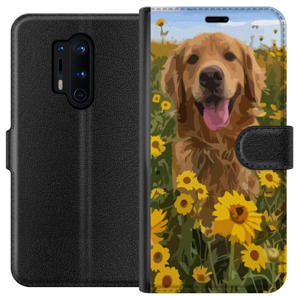 OnePlus 8 Pro Plånboksfodral Golden Retriever Solrosfält Hundmotiv Natur Sommar Design Populärt Hundras Familjefavorit