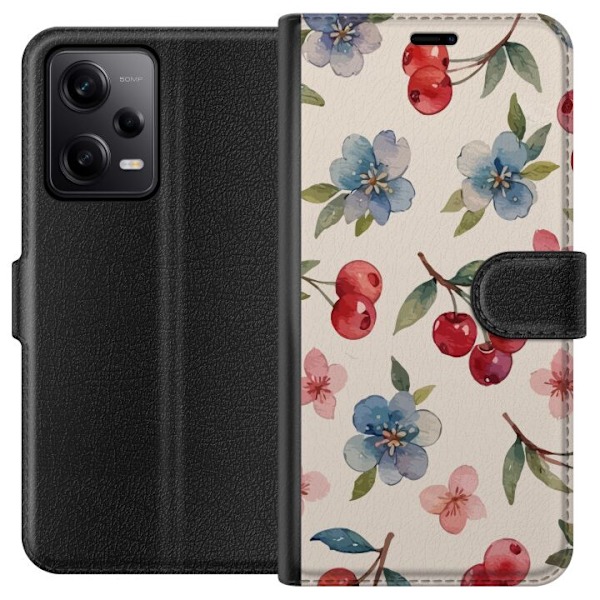 Xiaomi Redmi Note 12 Pro Lommeboketui Bær & Blomster - mønster med blå blomster og skogsbær