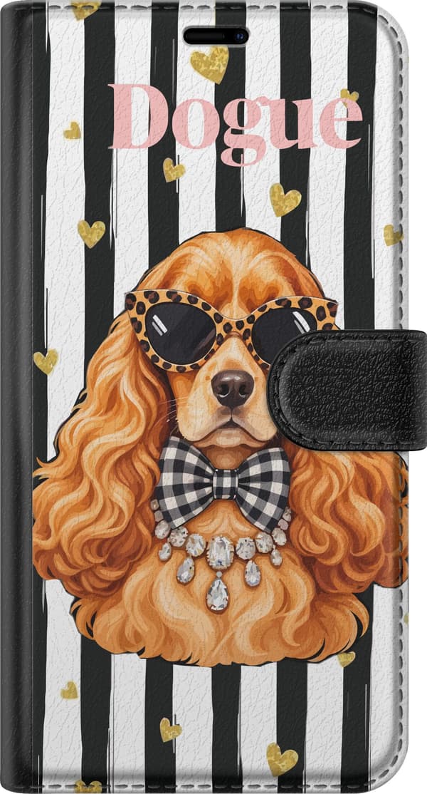 Kompatibel Tegnebogsetui til Xiaomi 15T Brun spaniel med sorte solbriller og ternet sløjfe mod sorte og hvide striber brun