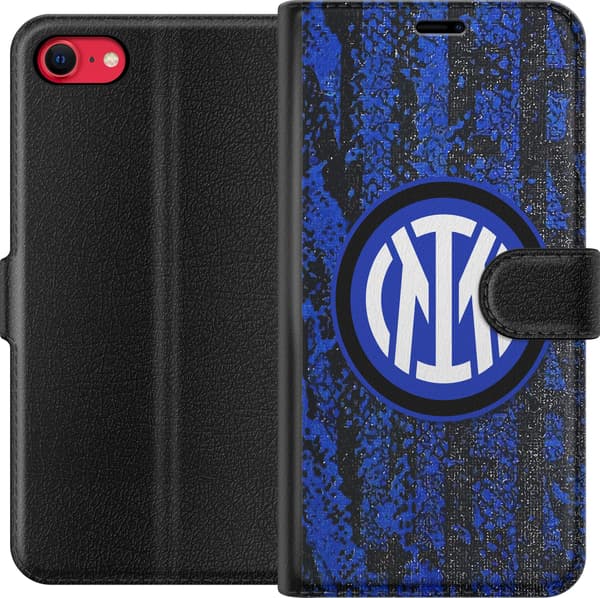 Kompatibel Tegnebogsetui til Apple iPhone 7 Blåsort fodboldinspireret emblem mod struktureret blå og sort baggrund blå