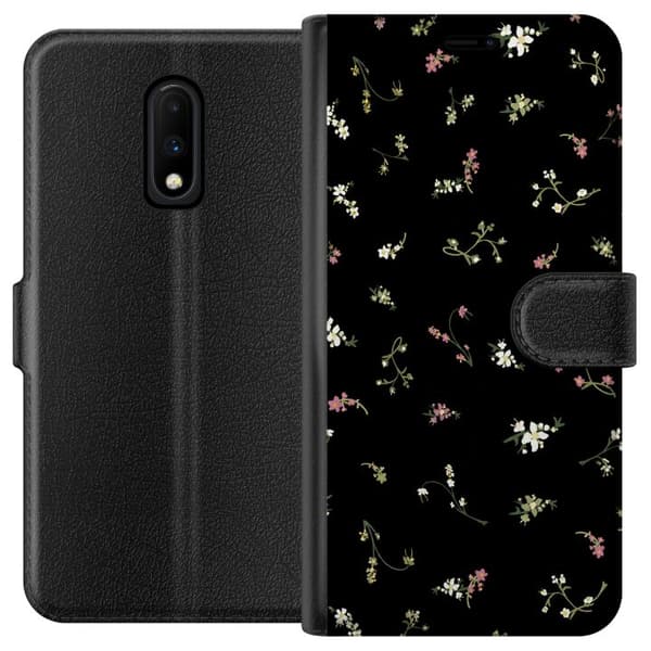 Kompatibel Tegnebogsetui til OnePlus 7 Sort blomstergrafik sort
