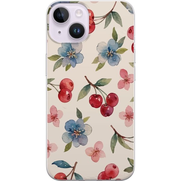 Apple iPhone 14 Genomskinligt Skal Bär & Blommor – mönster med blå blommor och skogsbär