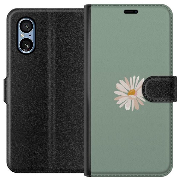 Sony Xperia 5 V Lompakkokotelo Vihreä Minimalikukka - tyylikäs kukka vihreällä taustalla