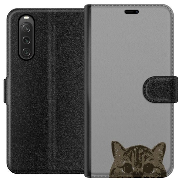 Sony Xperia 10 V Plånboksfodral Grå Kattblick – stilren kattdesign med grå bakgrund