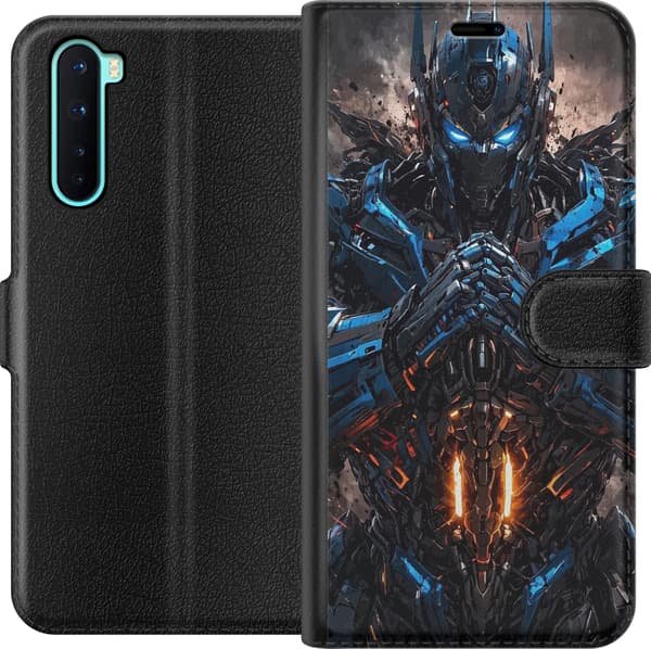 Kompatibel Tegnebogsetui til OnePlus Nord Sort robotkriger med blå øjne blå rustningsdetaljer og orange lys sort