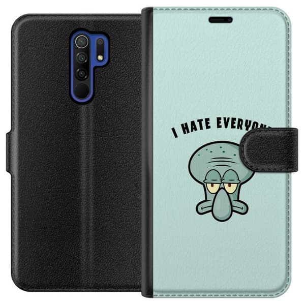 Kompatibel Tegnebogsetui til Xiaomi Redmi 9 Tegnet utilfreds blækspruttefigur med teksten I Hate Everyone på lyse turkis baggrund blå