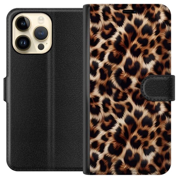 Kompatibel Tegnebogsetui til Apple iPhone 15 Pro Max Nær billede af leopardmønster med bløde pelsdetaljer i brune og sorte nuancer