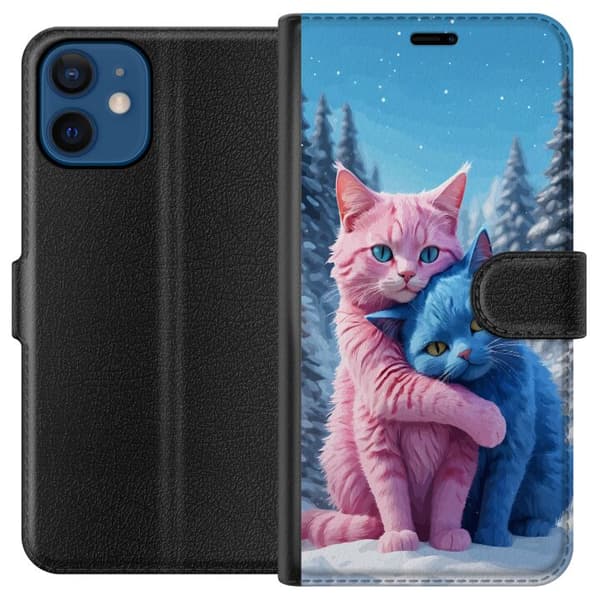 Kompatibel Tegnebogsetui til Apple iPhone 12 mini Søde lyserøde og blå katte, der krammer i sneklædt vinterlandskab blå