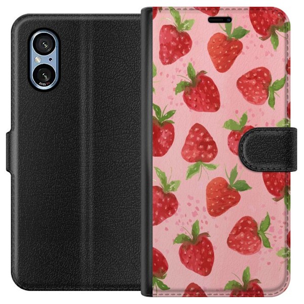 Sony Xperia 10 VI Tegnebogsetui Jordbærdrømme - Retro-stil jordbærmønster