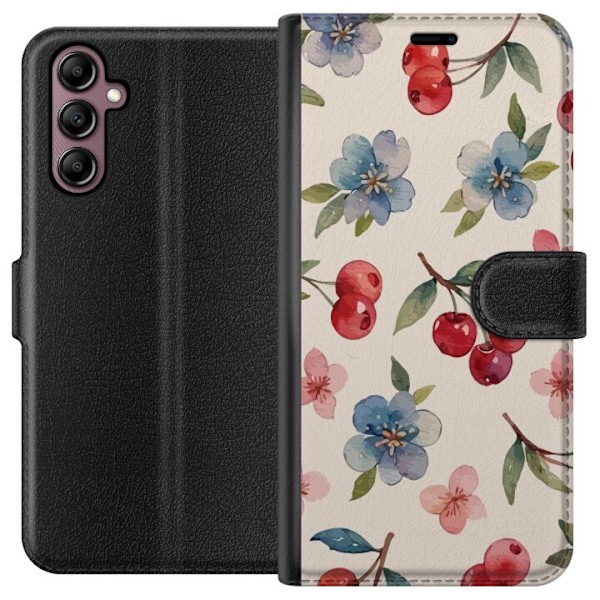 Samsung Galaxy A14 5G Tegnebogsetui Bær & Blomster - mønster med blå blomster og skovbær