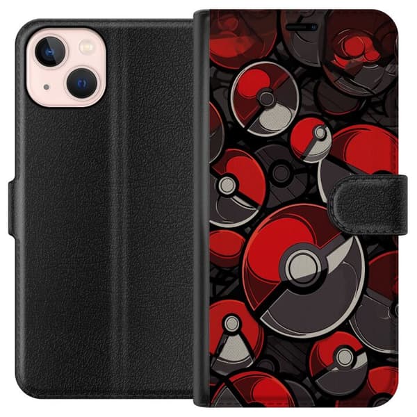 Kompatibel Tegnebogsetui til Apple iPhone 13 mini Sømløst mønster med røde og sorte Pokébolde rød
